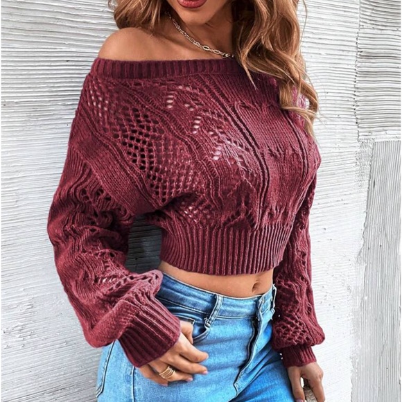 Luxe Sheer Crochet Knit Drop Shoulder Cropped Sweater Top Black - Picture 10 of 16